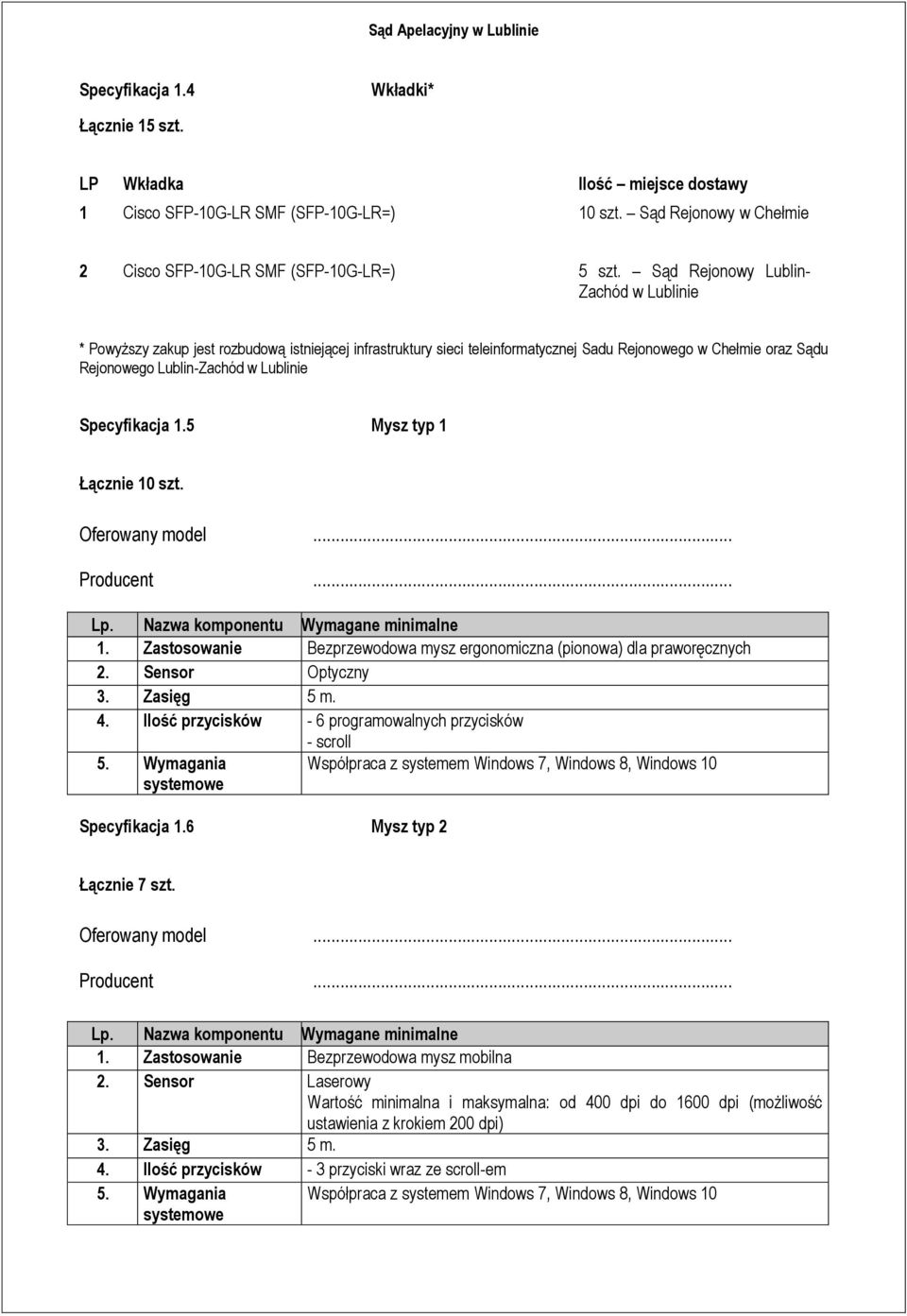 Specyfikacja 1.5 Mysz typ 1 Łącznie 10 szt. 1. Zastosowanie Bezprzewodowa mysz ergonomiczna (pionowa) dla praworęcznych 2. Sensor Optyczny 3. Zasięg 5 m. 4.