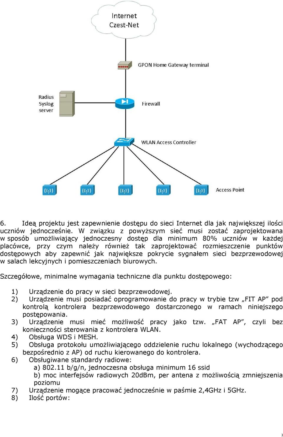 punktów dostępowych aby zapewnić jak największe pokrycie sygnałem sieci bezprzewodowej w salach lekcyjnych i pomieszczeniach biurowych.