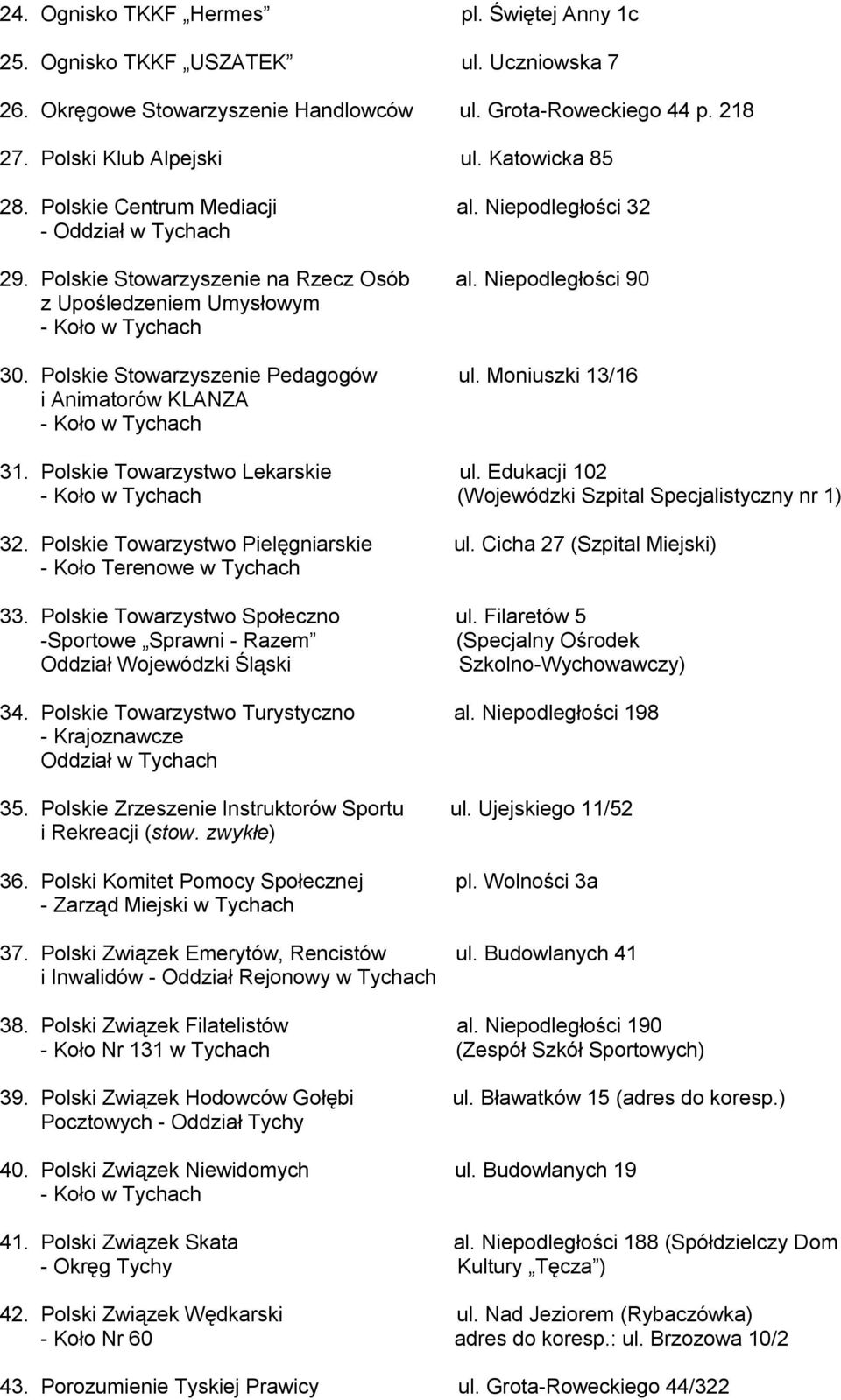 Polskie Stowarzyszenie Pedagogów ul. Moniuszki 13/16 i Animatorów KLANZA - Koło 31. Polskie Towarzystwo Lekarskie ul. Edukacji 102 - Koło (Wojewódzki Szpital Specjalistyczny nr 1) 32.