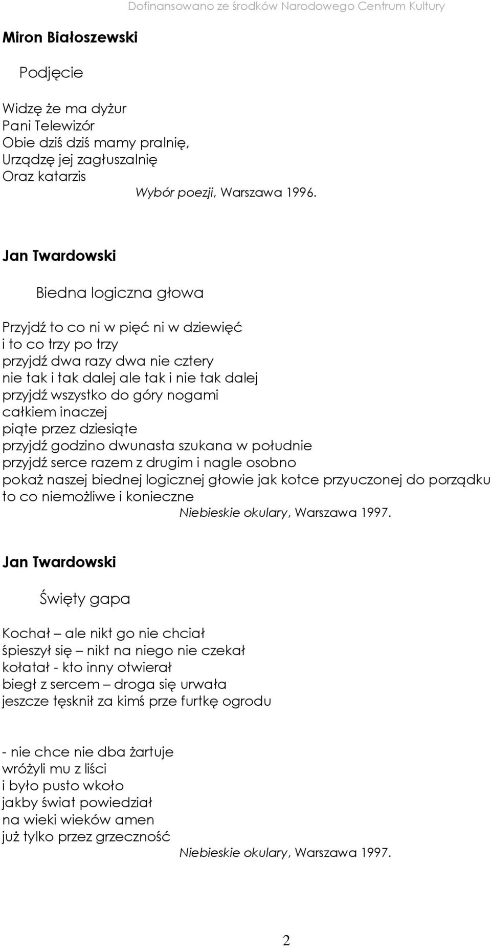 Jan Twardowski Biedna logiczna głowa Przyjdź to co ni w pięć ni w dziewięć i to co trzy po trzy przyjdź dwa razy dwa nie cztery nie tak i tak dalej ale tak i nie tak dalej przyjdź wszystko do góry