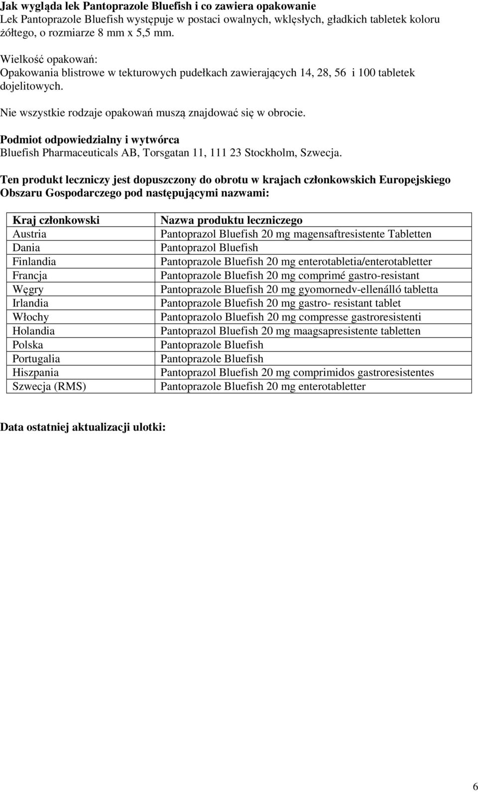 Podmiot odpowiedzialny i wytwórca Bluefish Pharmaceuticals AB, Torsgatan 11, 111 23 Stockholm, Szwecja.