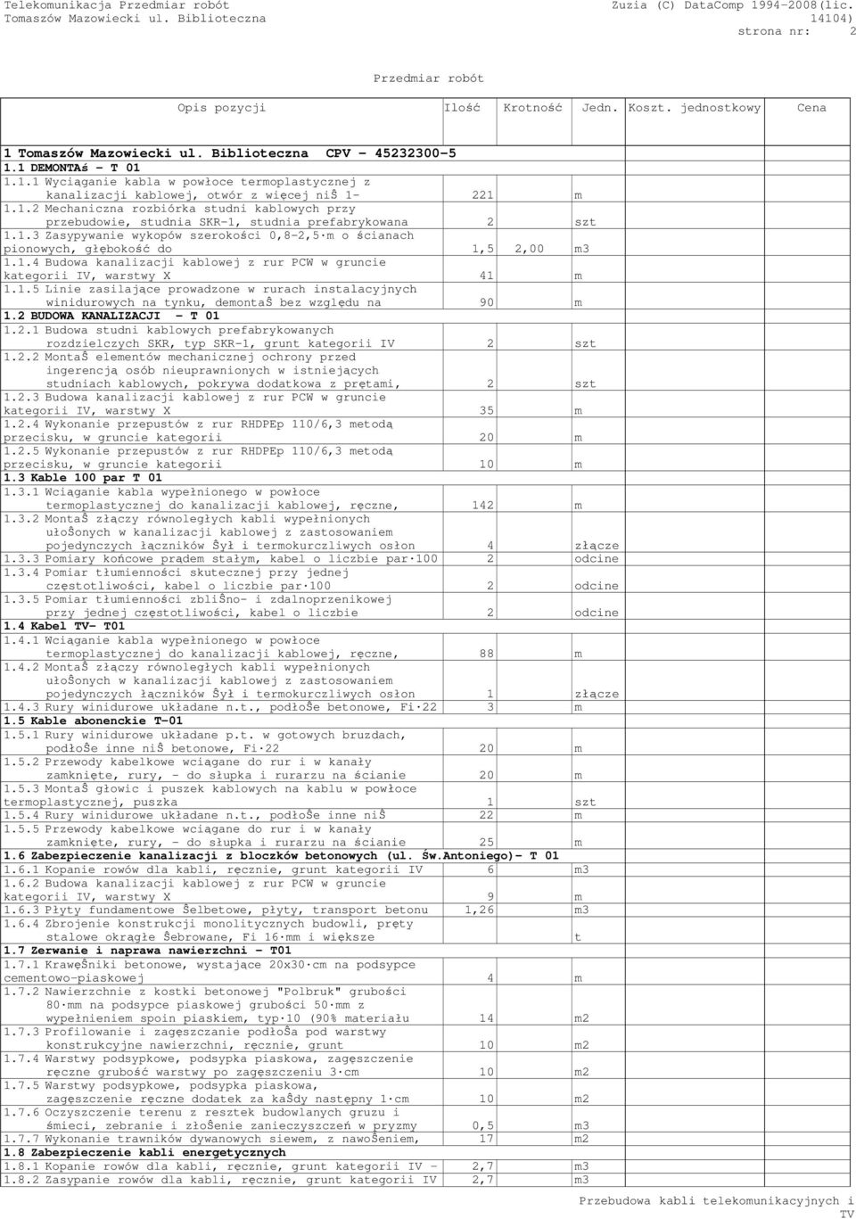 1.3 Zasypywanie wykopów szerokości 0,8-,5 o ścianach pionowych, głębokość do 1,5,00 3 1.1.4 Budowa kanalizacji kablowej z rur PCW w gruncie kaegorii IV, warswy X 41 1.1.5 Linie zasilające prowadzone w rurach insalacyjnych winidurowych na ynku, deonaŝ bez względu na 1.