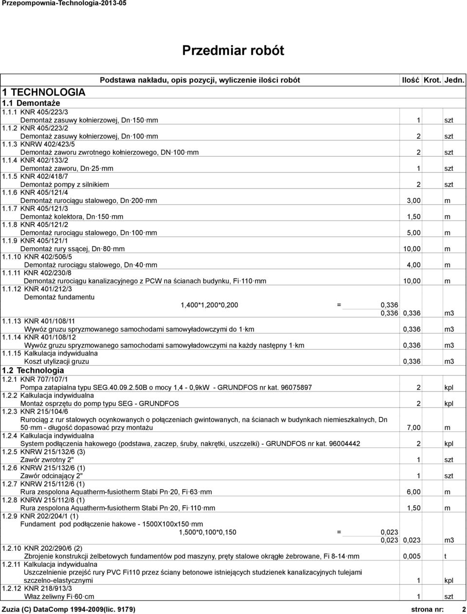 1.7 KNR 405/121/3 Demontaż kolektora, Dn 150 mm 1,50 m 1.1.8 KNR 405/121/2 Demontaż rurociągu stalowego, Dn 100 mm 5,00 m 1.1.9 KNR 405/121/1 Demontaż rury ssącej, Dn 80 mm 10,00 m 1.1.10 KNR 402/506/5 Demontaż rurociągu stalowego, Dn 40 mm 4,00 m 1.