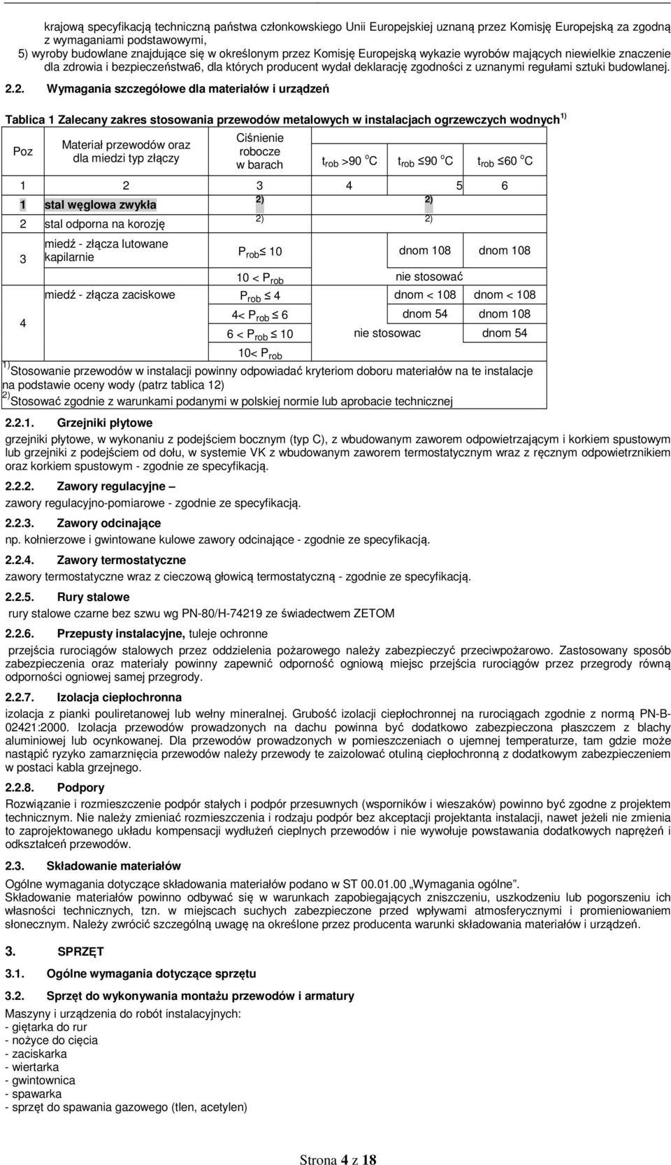 2. Wymagania szczegółowe dla materiałów i urządzeń Tablica 1 Zalecany zakres stosowania przewodów metalowych w instalacjach ogrzewczych wodnych 1) Poz Materiał przewodów oraz dla miedzi typ złączy