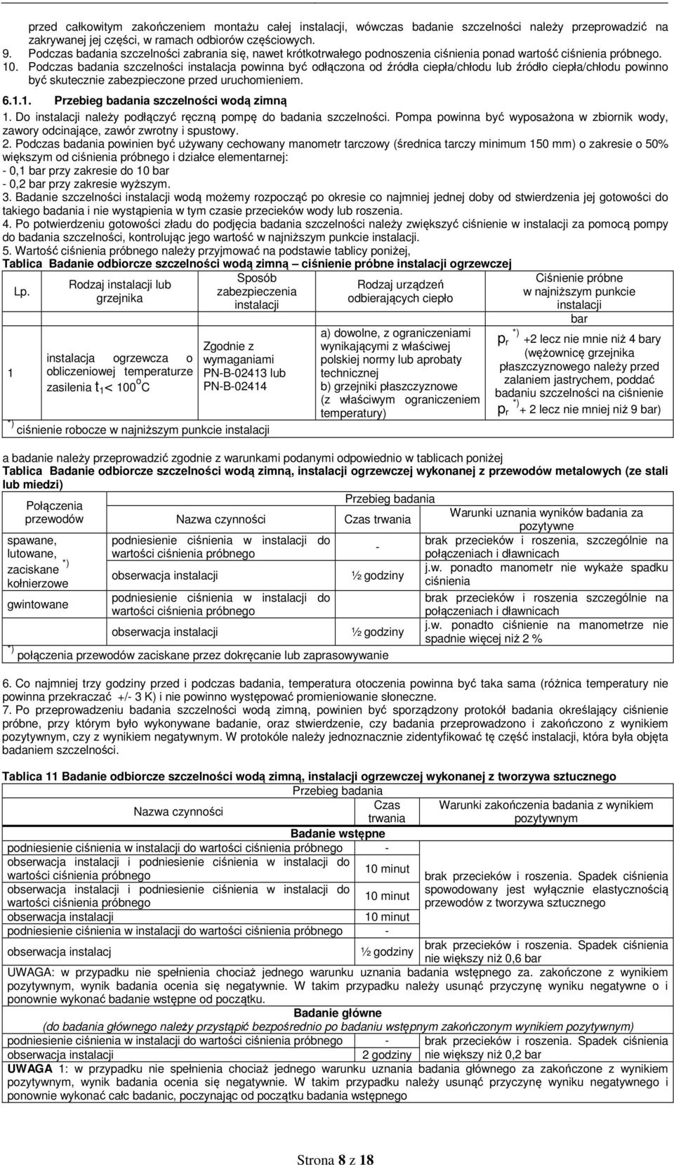 Podczas badania szczelności instalacja powinna być odłączona od źródła ciepła/chłodu lub źródło ciepła/chłodu powinno być skutecznie zabezpieczone przed uruchomieniem. 6.1.