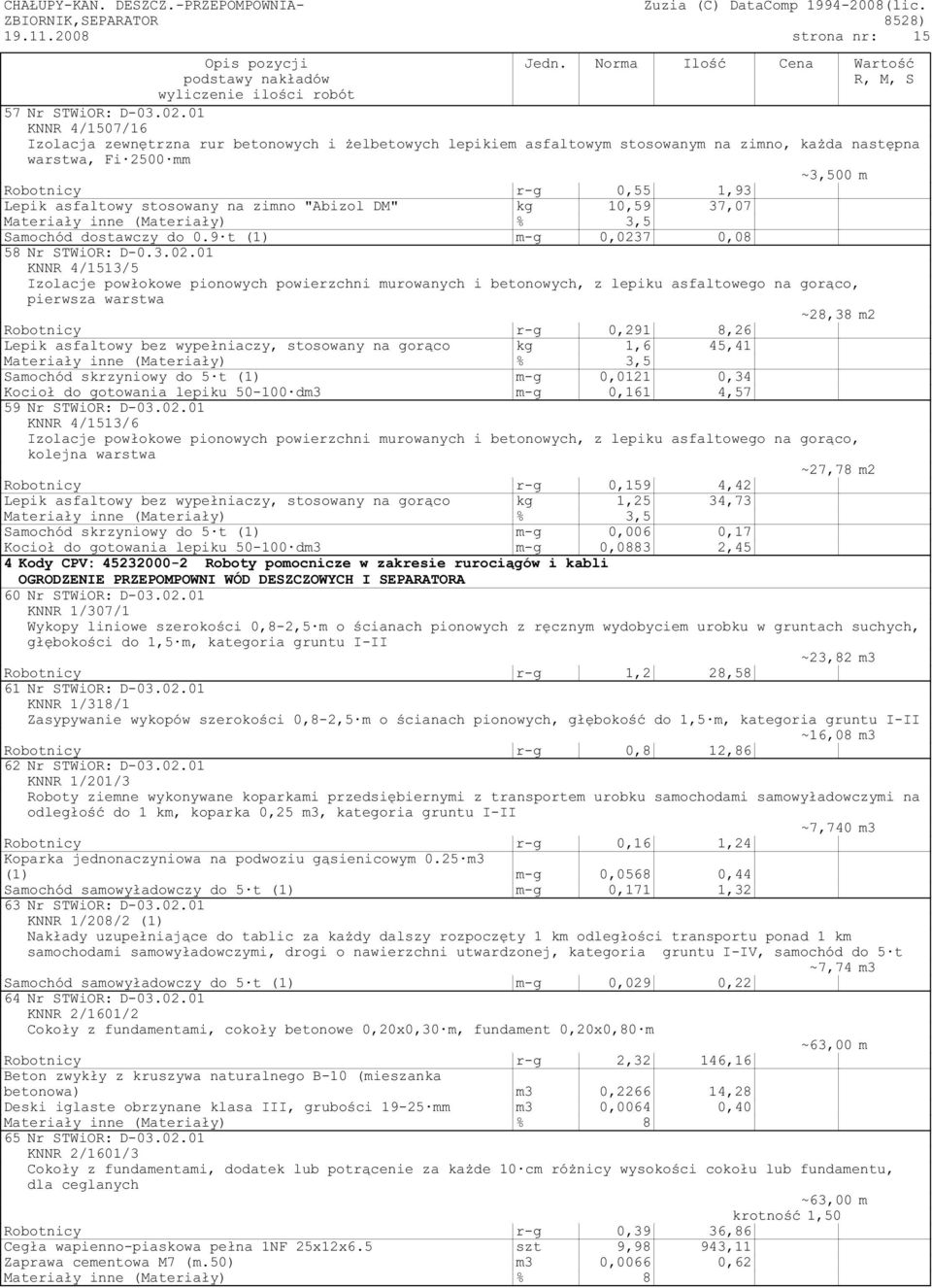 stosowany na zimno "Abizol DM" kg 10,59 37,07 Materiały inne (Materiały) % 3,5 Samochód dostawczy do 0.9 t (1) m-g 0,023