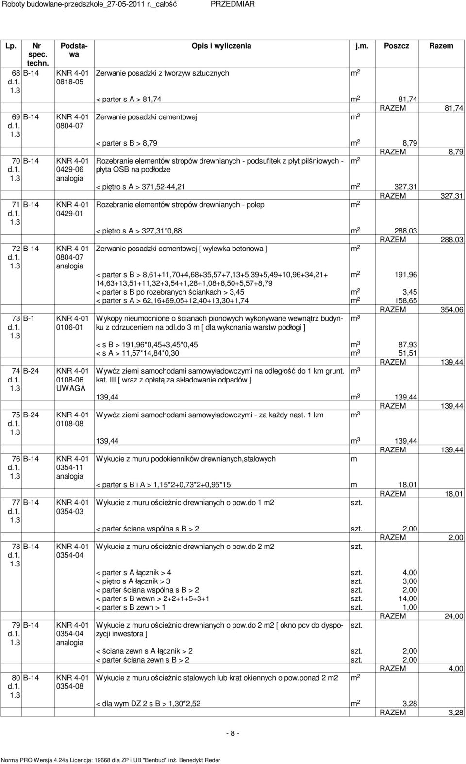 . Poszcz Raze Zerwanie posadzki z tworzyw ucznych < parter s A > 81,74 81,74 RAZEM 81,74 Zerwanie posadzki ceentowej < parter s B > 8,79 8,79 RAZEM 8,79 Rozebranie eleentów stropów drewnianych -