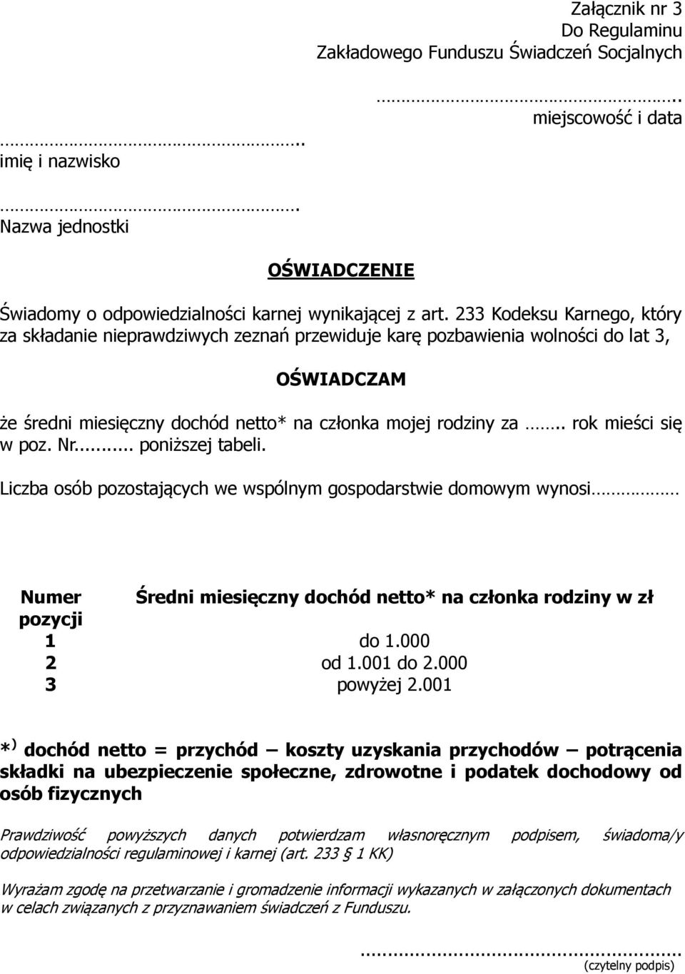 . rok mieści się w poz. Nr... poniższej tabeli. Liczba osób pozostających we wspólnym gospodarstwie domowym wynosi Numer Średni miesięczny dochód netto* na członka rodziny w zł pozycji 1 do 1.