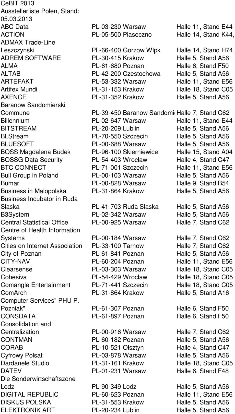 SOFTWARE PL-30-415 Krakow Halle 5, Stand A56 ALMA PL-61-680 Poznan Halle 6, Stand F50 ALTAB PL-42-200 Czestochowa Halle 5, Stand A56 ARTEFAKT PL-53-332 Warsaw Halle 11, Stand E56 Artifex Mundi