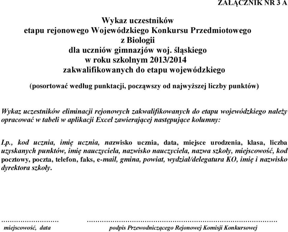 Wykaz uczestników eliminacji rejonowych zakwalifikowanych do etapu wojewódzkiego należy opracować w