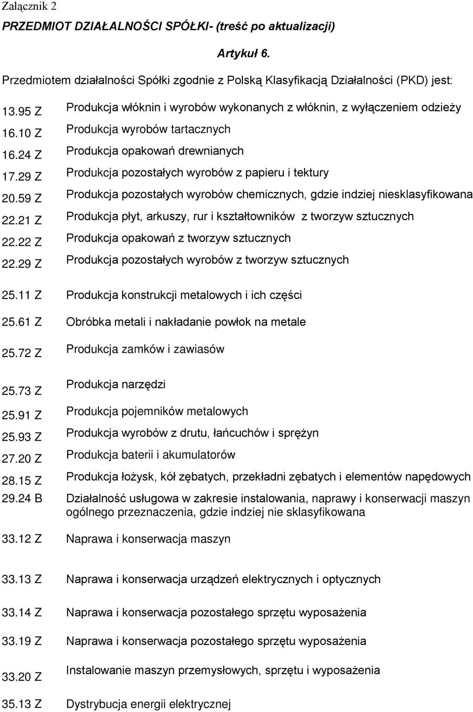 29 Z Produkcja pozostałych wyrobów z papieru i tektury 20.59 Z Produkcja pozostałych wyrobów chemicznych, gdzie indziej niesklasyfikowana 22.