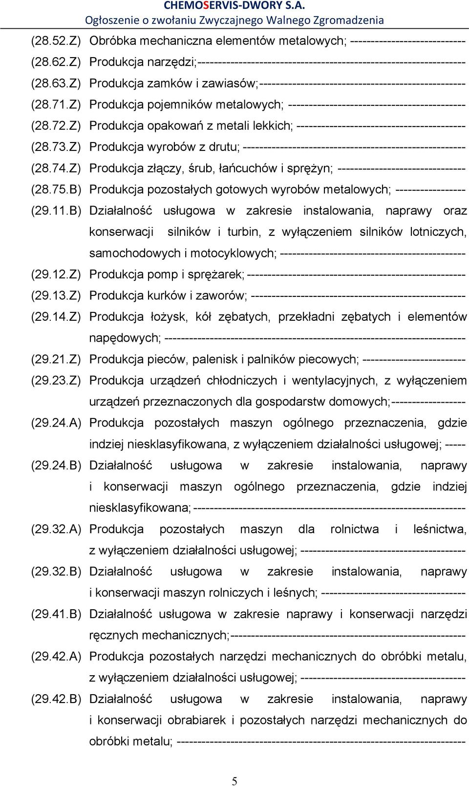 Z) Produkcja opakowań z metali lekkich; ----------------------------------------- (28.73.Z) Produkcja wyrobów z drutu; ------------------------------------------------------ (28.74.