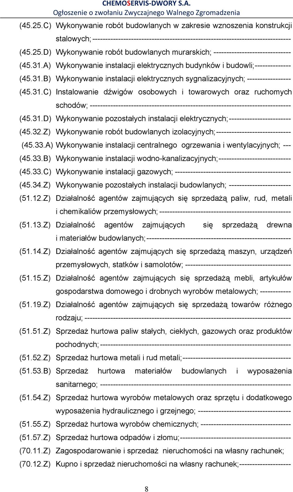 31.D) Wykonywanie pozostałych instalacji elektrycznych; ------------------------ (45.32.Z) Wykonywanie robót budowlanych izolacyjnych; ----------------------------- (45.33.