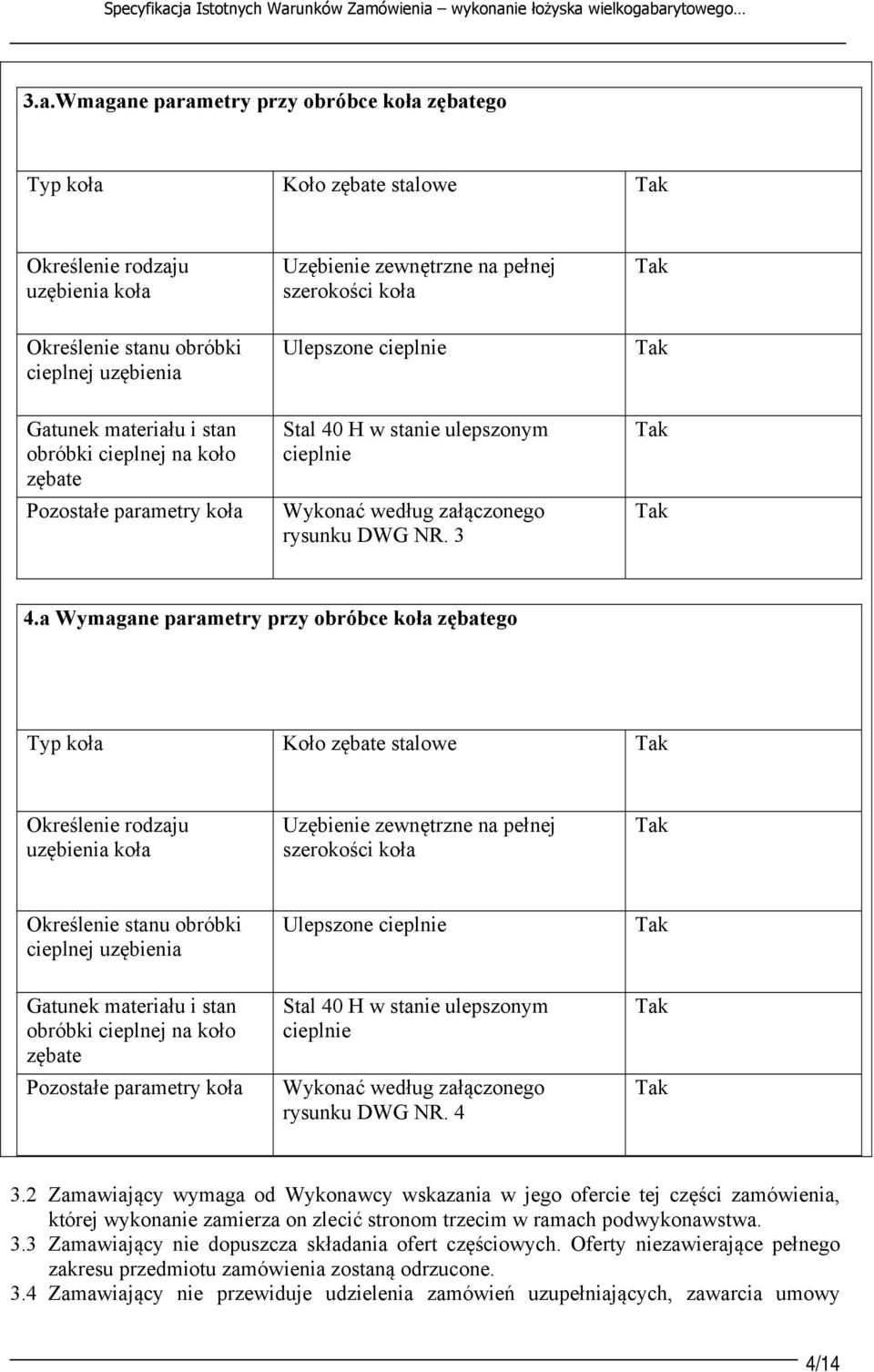 zewnętrzne na pełnej szerokości koła Określenie stanu obróbki cieplnej uzębienia Ulepszone cieplnie Gatunek materiału i stan obróbki cieplnej na koło zębate Pozostałe parametry koła Stal 40 H w