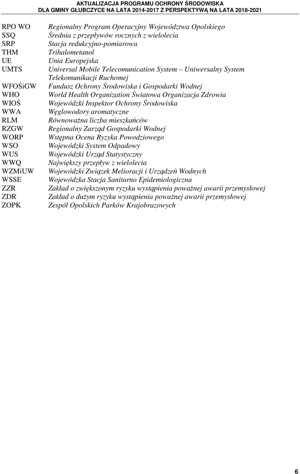 Health Organization Światowa Organizacja Zdrowia Wojewódzki Inspektor Ochrony Środowiska Węglowodory aromatyczne Równoważna liczba mieszkańców Regionalny Zarząd Gospodarki Wodnej Wstępna Ocena Ryzyka