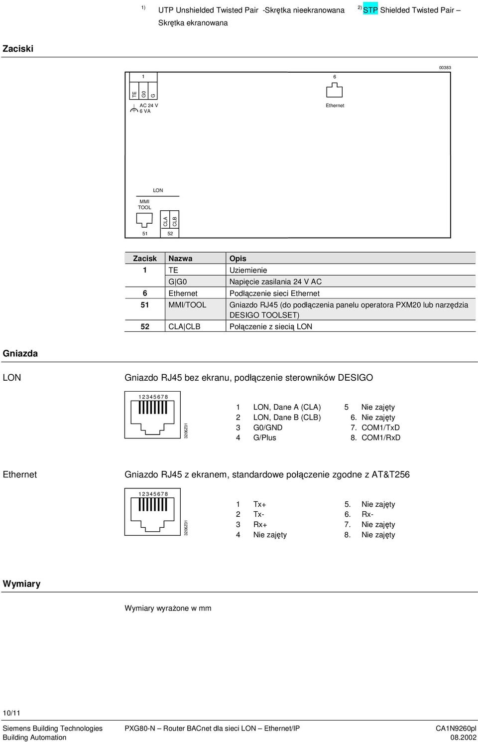 LON Gniazda LON Gniazdo RJ45 bez ekranu, podłczenie sterowników DESIGO 12 3 45 6 7 8 3206Z01 1 LON, Dane A (CLA) 2 LON, Dane B (CLB) 3 G0/GND 4 G/Plus 5 Nie zajty 6 Nie zajty 7 COM1/TxD 8 COM1/RxD