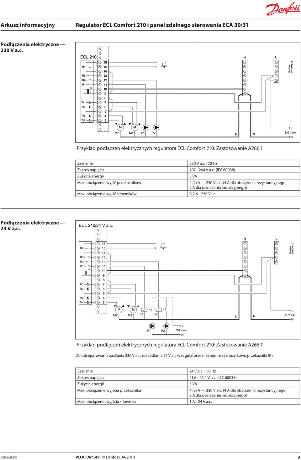 c. Przykład podłączeń elektrycznych regulatora ECL Comfort 210: Zastosowanie A266.1 Do odseparowania zasilania 230 V a.c. od zasilania 24 V a.c w regulatorze niezbędne są dodatkowo przekaźniki (K).