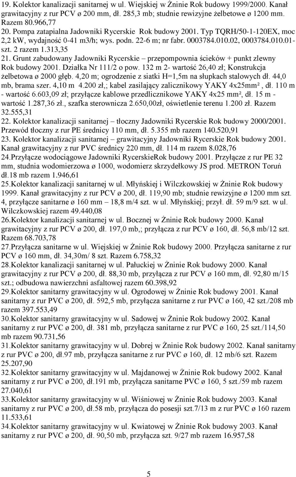 Grunt zabudowany Jadowniki Rycerskie przepompownia ścieków + punkt zlewny Rok budowy 2001. Działka Nr 111/2 o pow. 132 m 2- wartość 26,40 zł; Konstrukcja żelbetowa ø 2000 głęb.