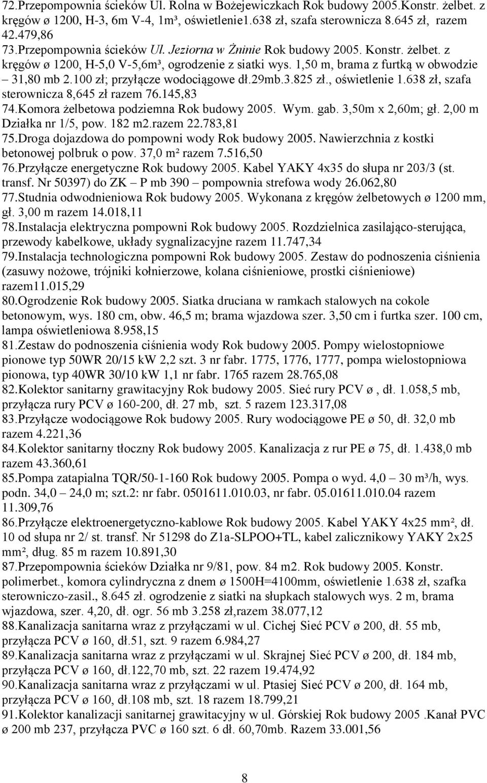 100 zł; przyłącze wodociągowe dł.29mb.3.825 zł., oświetlenie 1.638 zł, szafa sterownicza 8,645 zł razem 76.145,83 74.Komora żelbetowa podziemna Rok budowy 2005. Wym. gab. 3,50m x 2,60m; gł.