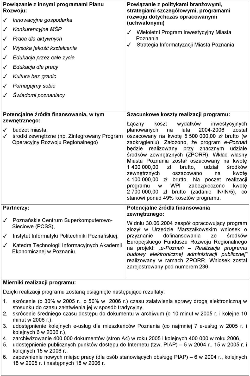 Poznania Strategia Informatyzacji Miasta Poznania Potencjalne źródła finansowania, w tym zewnętrznego: budżet miasta, środki zewnętrzne (np.