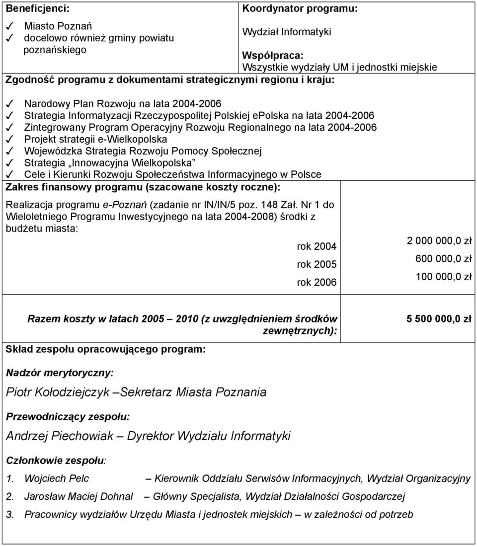 Rozwoju Regionalnego na lata 2004-2006 Projekt strategii e-wielkopolska Wojewódzka Strategia Rozwoju Pomocy Społecznej Strategia Innowacyjna Wielkopolska Cele i Kierunki Rozwoju Społeczeństwa