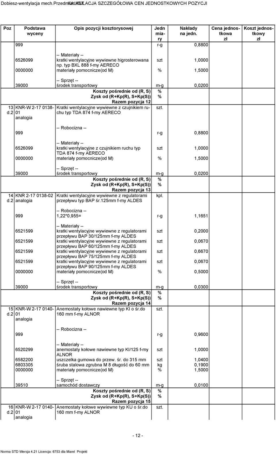 m-g 0,0200 Razem pozycja 13 14 KNR 2-17 0138-02 d.2 Kratki wentylacyjne wywiewne z regulatorami przepływu typ BAP śr.