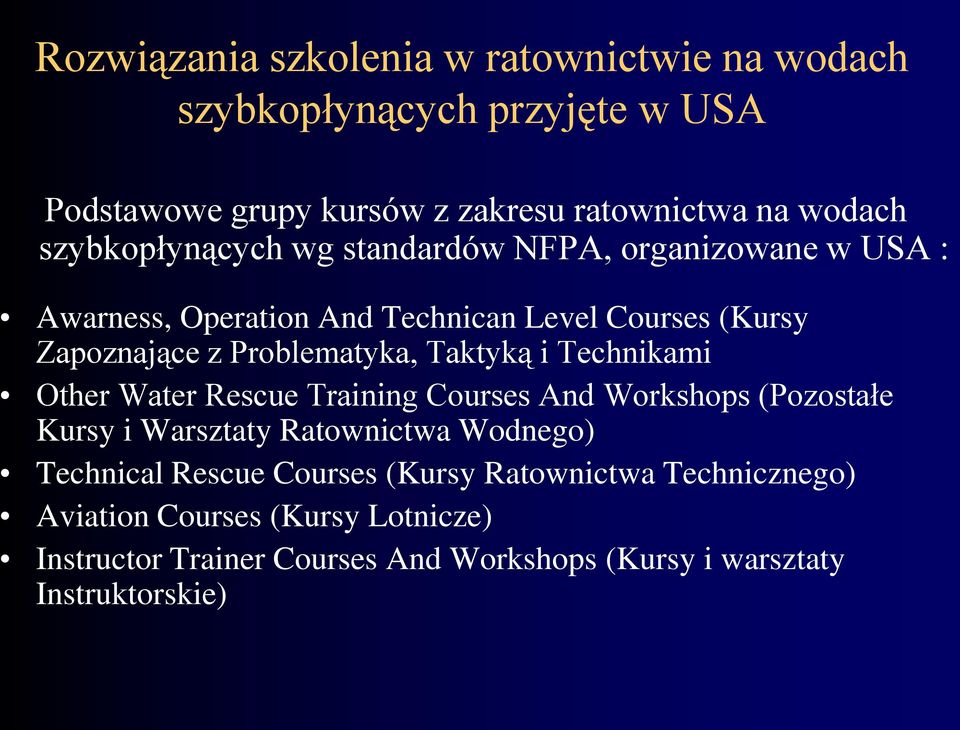 Taktyką i Technikami Other Water Rescue Training Courses And Workshops (Pozostałe Kursy i Warsztaty Ratownictwa Wodnego) Technical Rescue