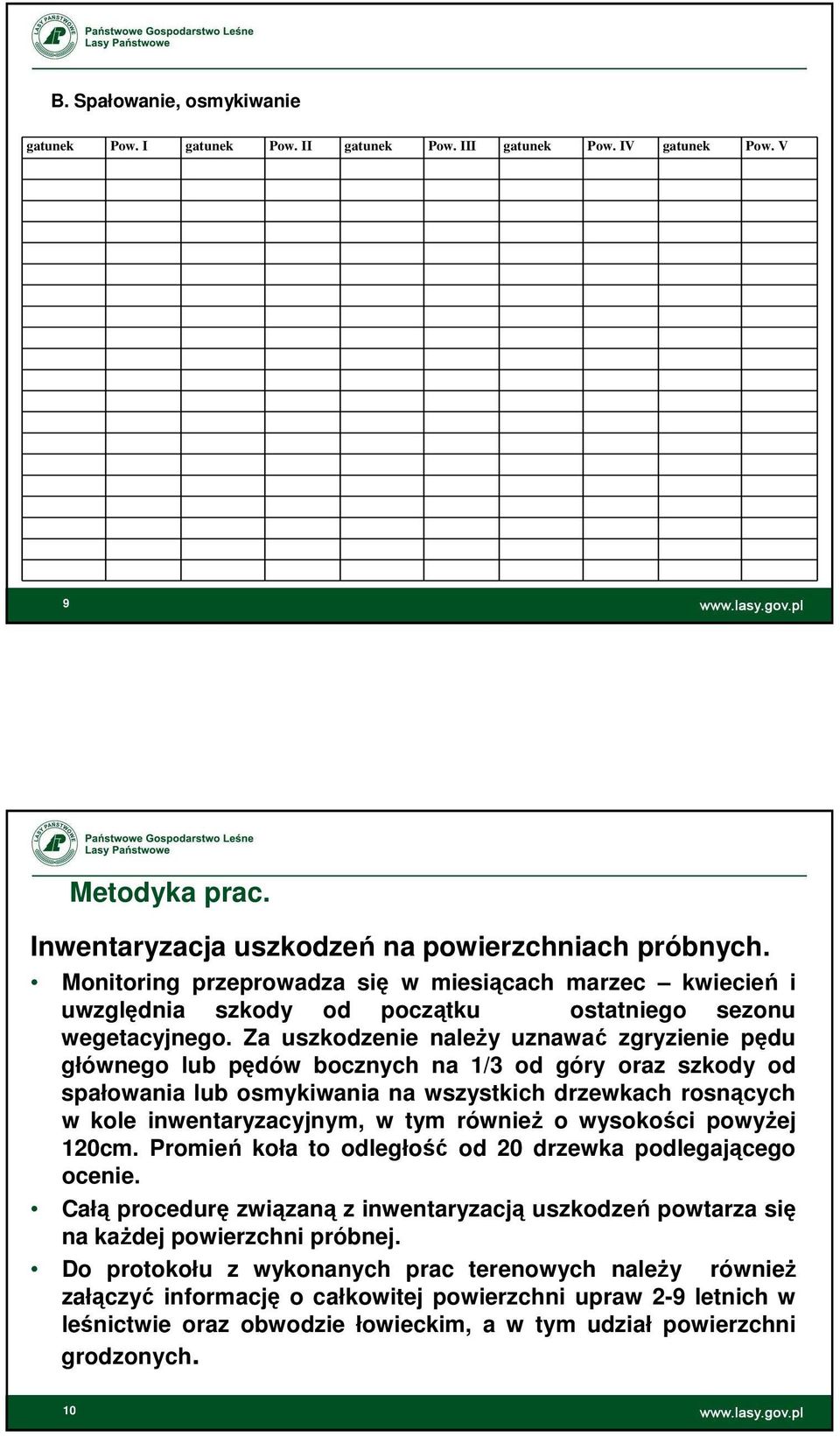 Za uszkodzenie należy uznawać zgryzienie u głównego lub ów bocznych na 1/3 od góry oraz szkody od spałowania lub osmykiwania na wszystkich drzewkach rosnących w kole inwentaryzacyjnym, w tym również