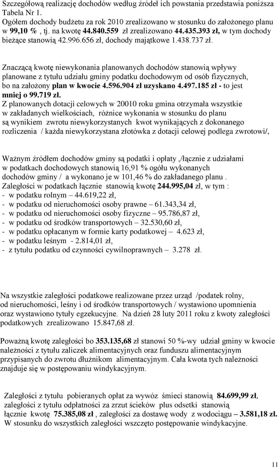 Znaczącą kwotę niewykonania planowanych dochodów stanowią wpływy planowane z tytułu udziału gminy podatku dochodowym od osób fizycznych, bo na założony plan w kwocie 4.596.904 zł uzyskano 4.497.