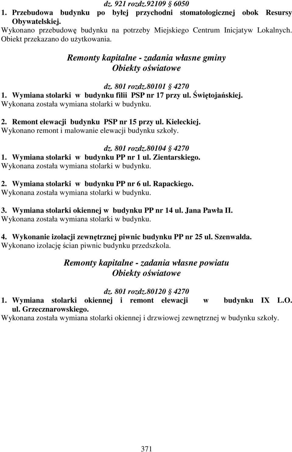 Remont elewacji budynku PSP nr 15 przy ul. Kieleckiej. Wykonano remont i malowanie elewacji budynku szkoły. dz. 801 rozdz.80104 4270 1. Wymiana stolarki w budynku PP nr 1 ul. Zientarskiego. 2.