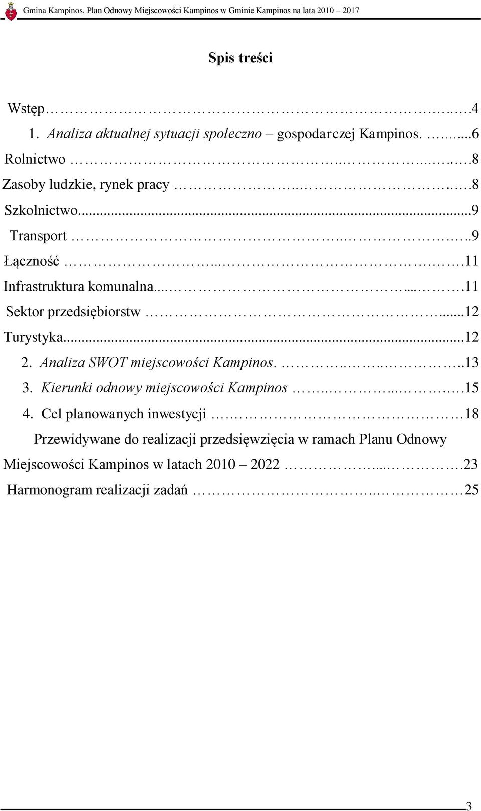 Analiza SWOT miejscowości Kampinos.......13 3. Kierunki odnowy miejscowości Kampinos.......15 4. Cel planowanych inwestycji.