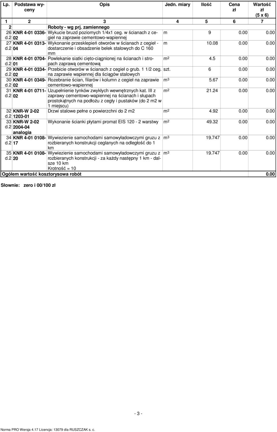 2 04 dostarczenie i obsadzenie belek stalowych do C 160 mm 28 KNR 4-01 0704- Powlekanie siatki cięto-ciągnionej na ścianach i stropach m 2 4.5 0.00 0.00 d.