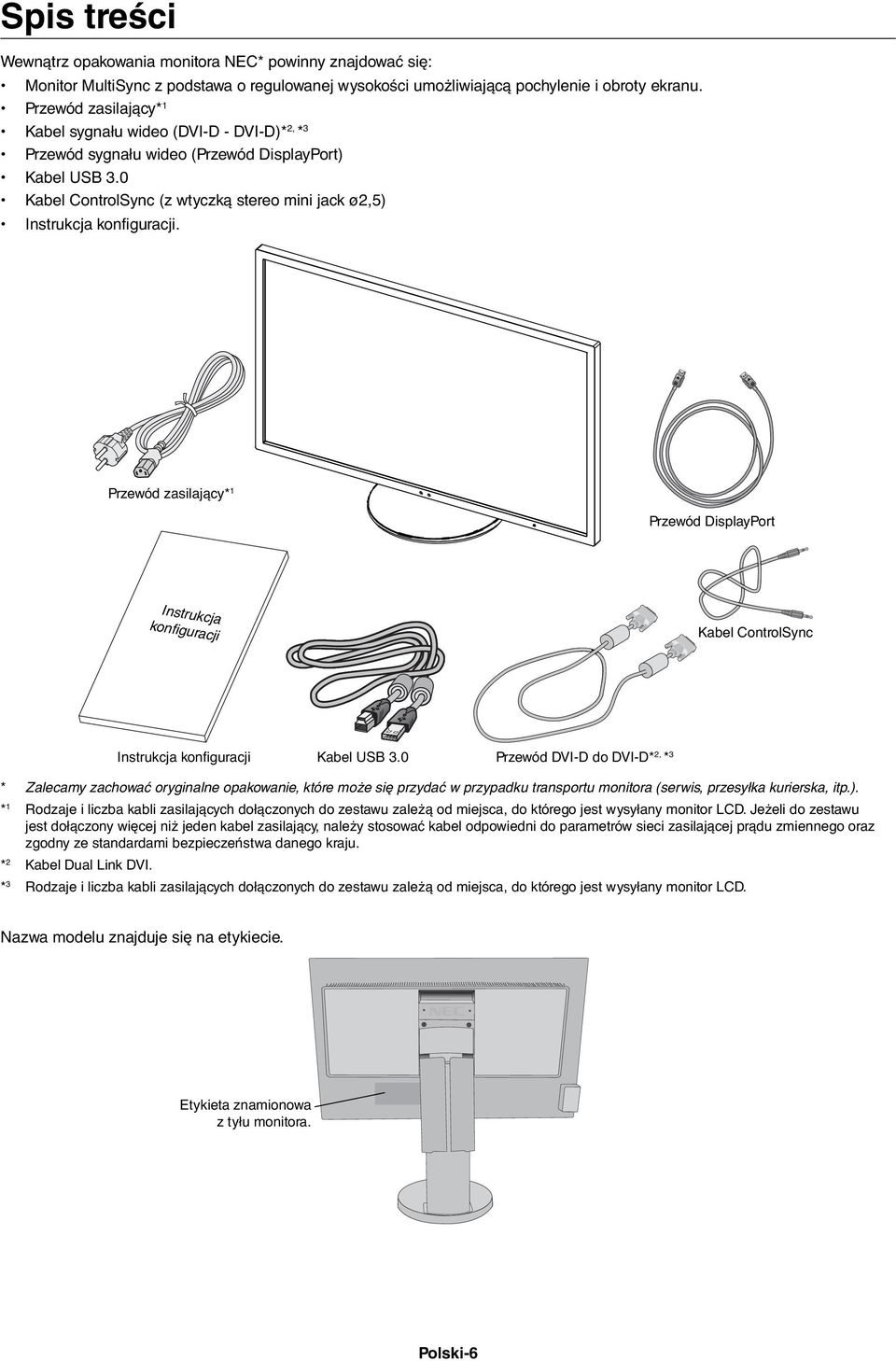 Przewód zasilający* 1 Przewód DisplayPort Instrukcja konfiguracji Kabel ControlSync Instrukcja konfiguracji Kabel USB 3.