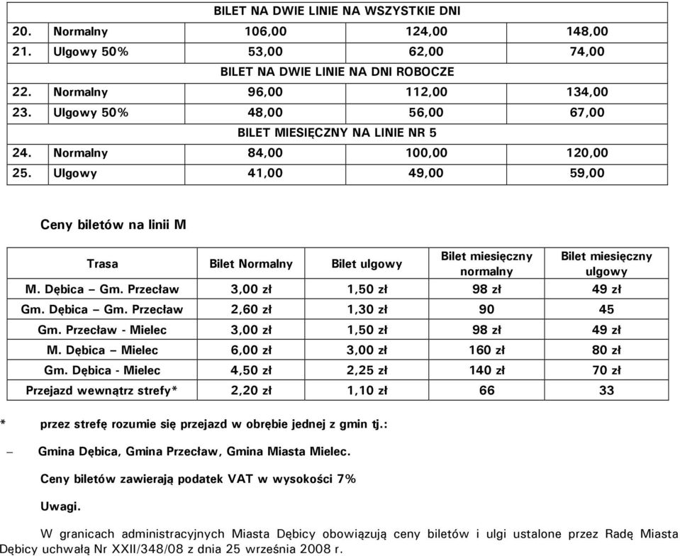 Ulgowy 41,00 49,00 59,00 Ceny biletów na linii M Trasa Bilet Normalny Bilet ulgowy Bilet miesięczny normalny Bilet miesięczny ulgowy M. Dębica Gm. Przecław 3,00 zł 1,50 zł 98 zł 49 zł Gm. Dębica Gm. Przecław 2,60 zł 1,30 zł 90 45 Gm.