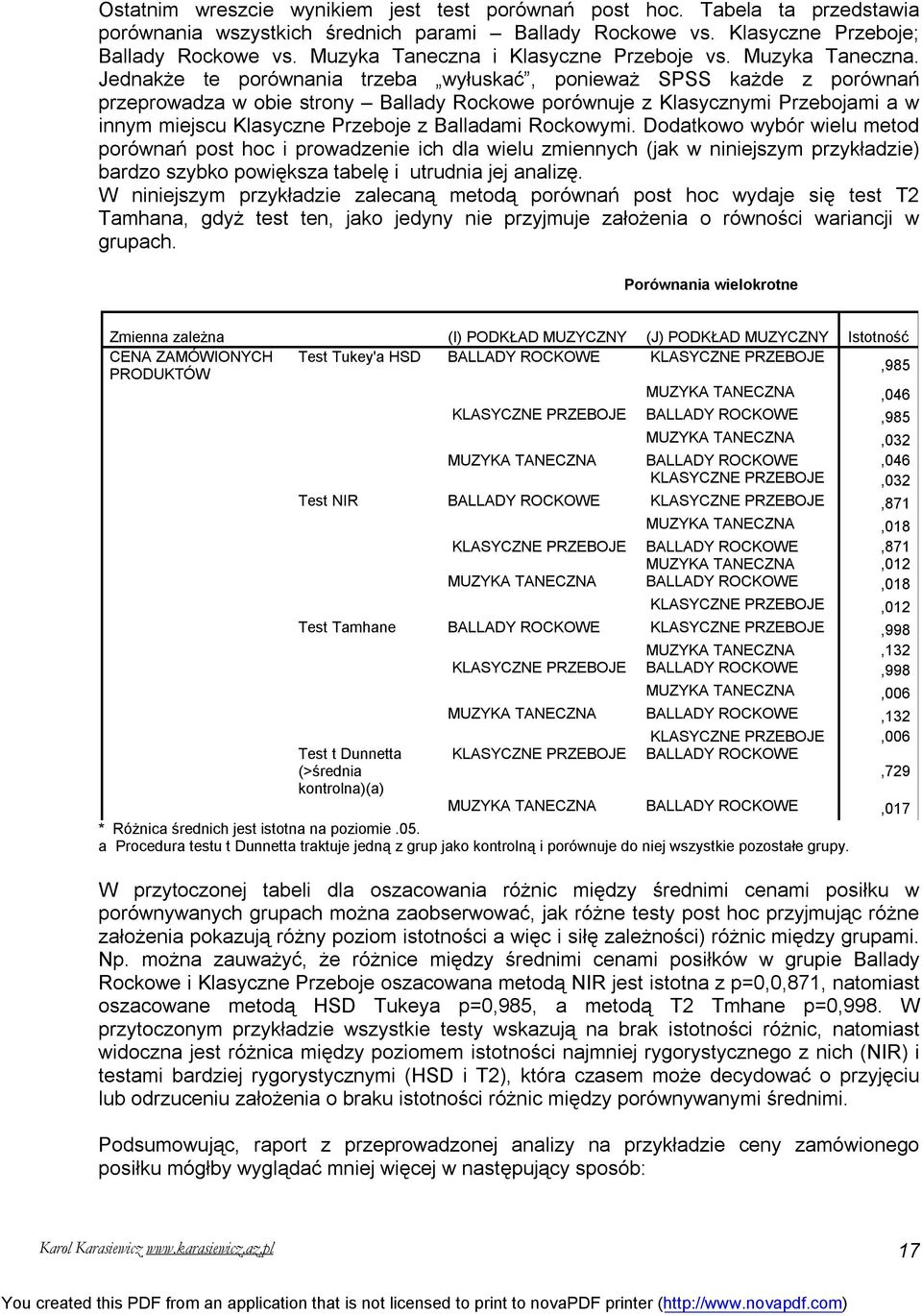 Jednakże te porównania trzeba wyłuskać, ponieważ SPSS każde z porównań przeprowadza w obie strony Ballady Rockowe porównuje z Klasycznymi Przebojami a w innym miejscu Klasyczne Przeboje z Balladami