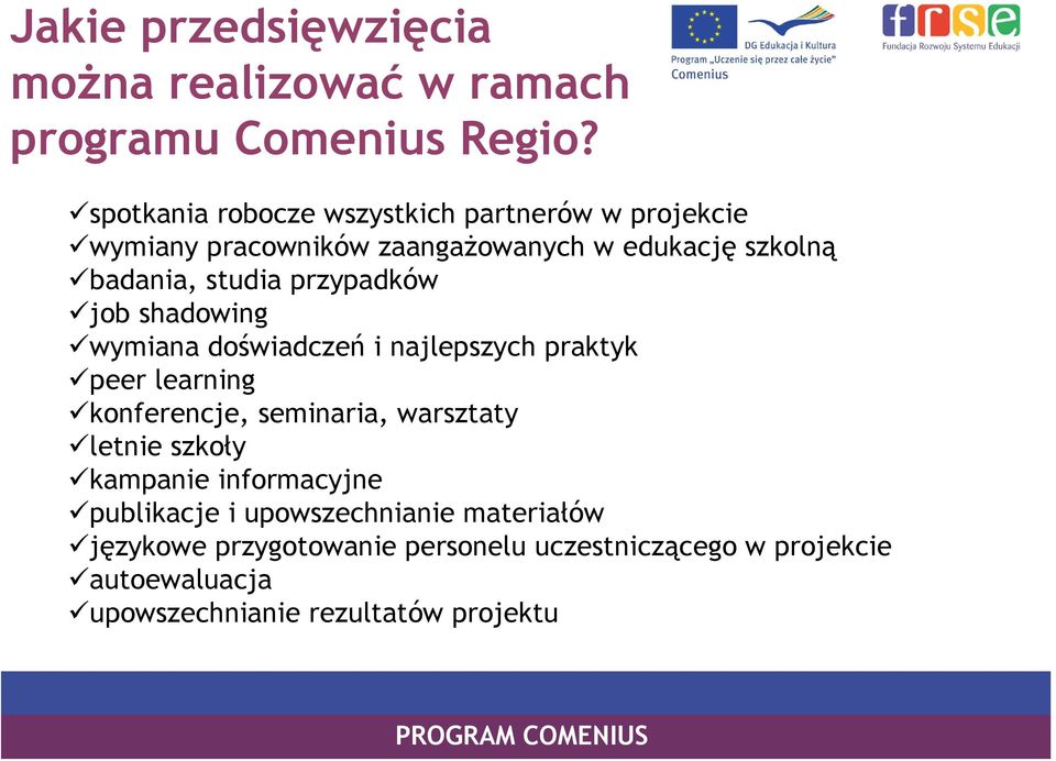 przypadków job shadowing wymiana doświadczeń i najlepszych praktyk peer learning konferencje, seminaria, warsztaty letnie