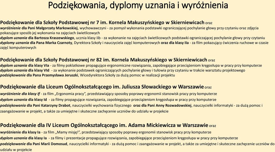 pokazujące sposób jej wykonania na zajęciach świetlicowych dyplom uznania dla Bartosza Kraszewskiego, ucznia klasy Iib - za wykonanie na zajęciach świetlicowych podstawki ograniczającej pochylanie