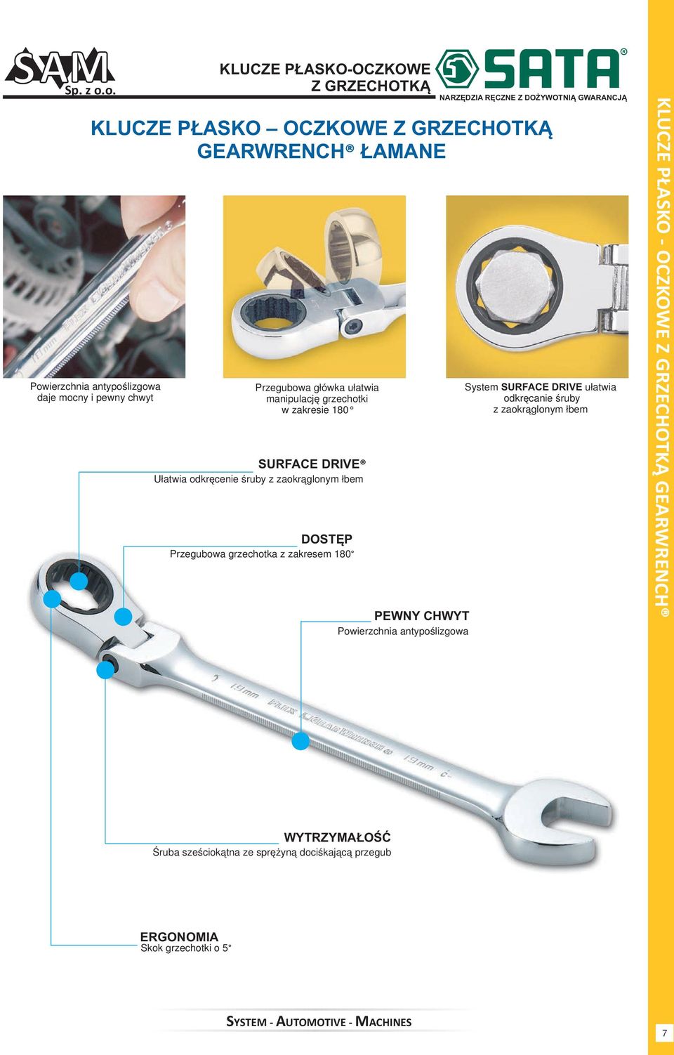 NARZĘDZIA RĘCZNE Z DOŻYWOTNIĄ GWARANCJĄ KLUCZE PŁASKO OCZKOWE Z GRZECHOTKĄ GEARWRENCH ŁAMANE System SURFACE DRIVE ułatwia odkręcanie śruby z