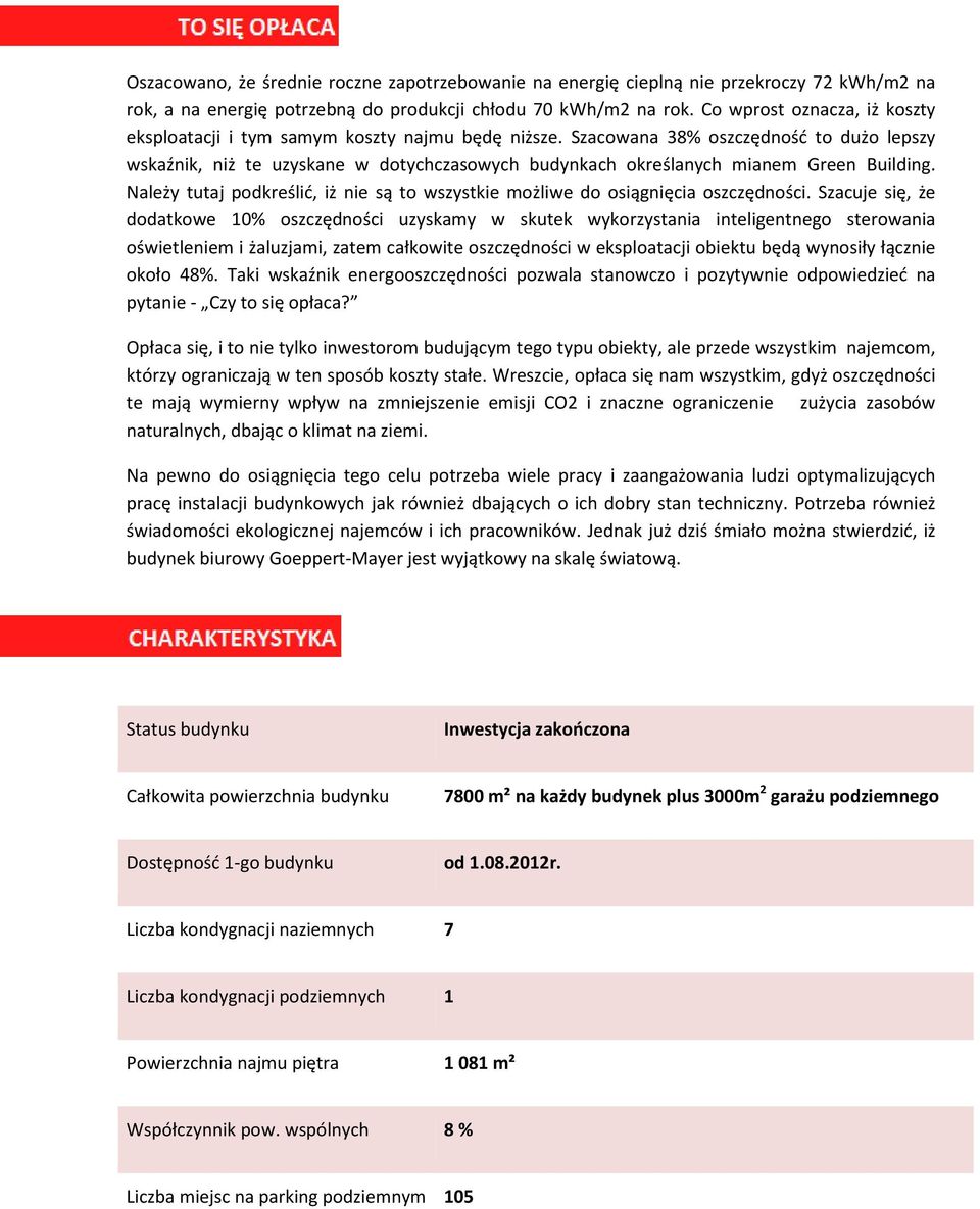 Szacowana 38% oszczędność to dużo lepszy wskaźnik, niż te uzyskane w dotychczasowych budynkach określanych mianem Green Building.