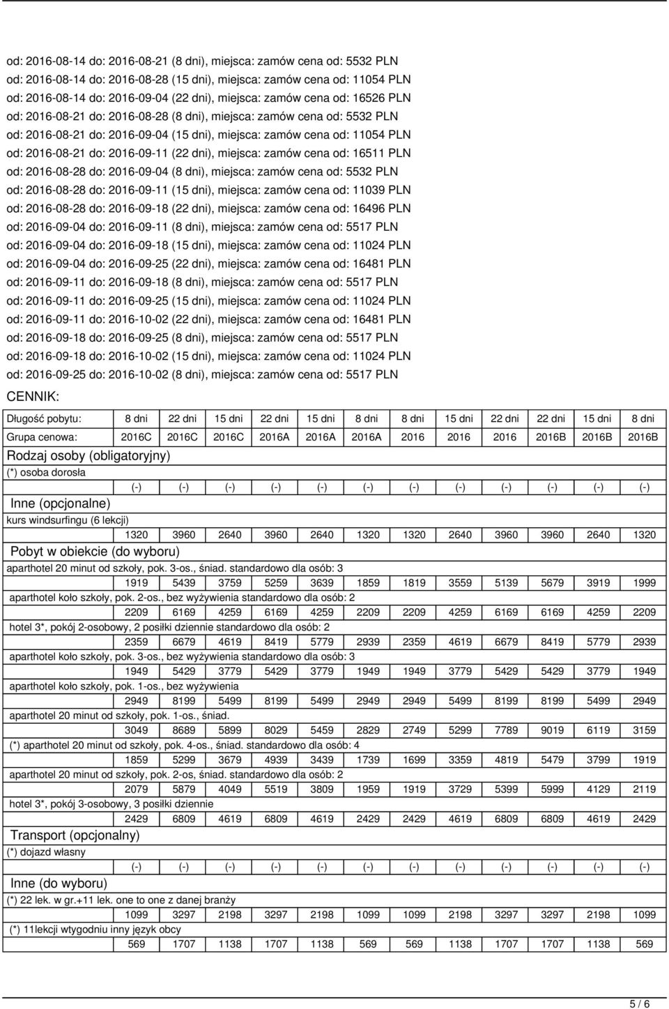 2016-09-11 (22 dni), miejsca: zamów cena od: 16511 PLN od: 2016-08-28 do: 2016-09-04 (8 dni), miejsca: zamów cena od: 5532 PLN od: 2016-08-28 do: 2016-09-11 (15 dni), miejsca: zamów cena od: 11039