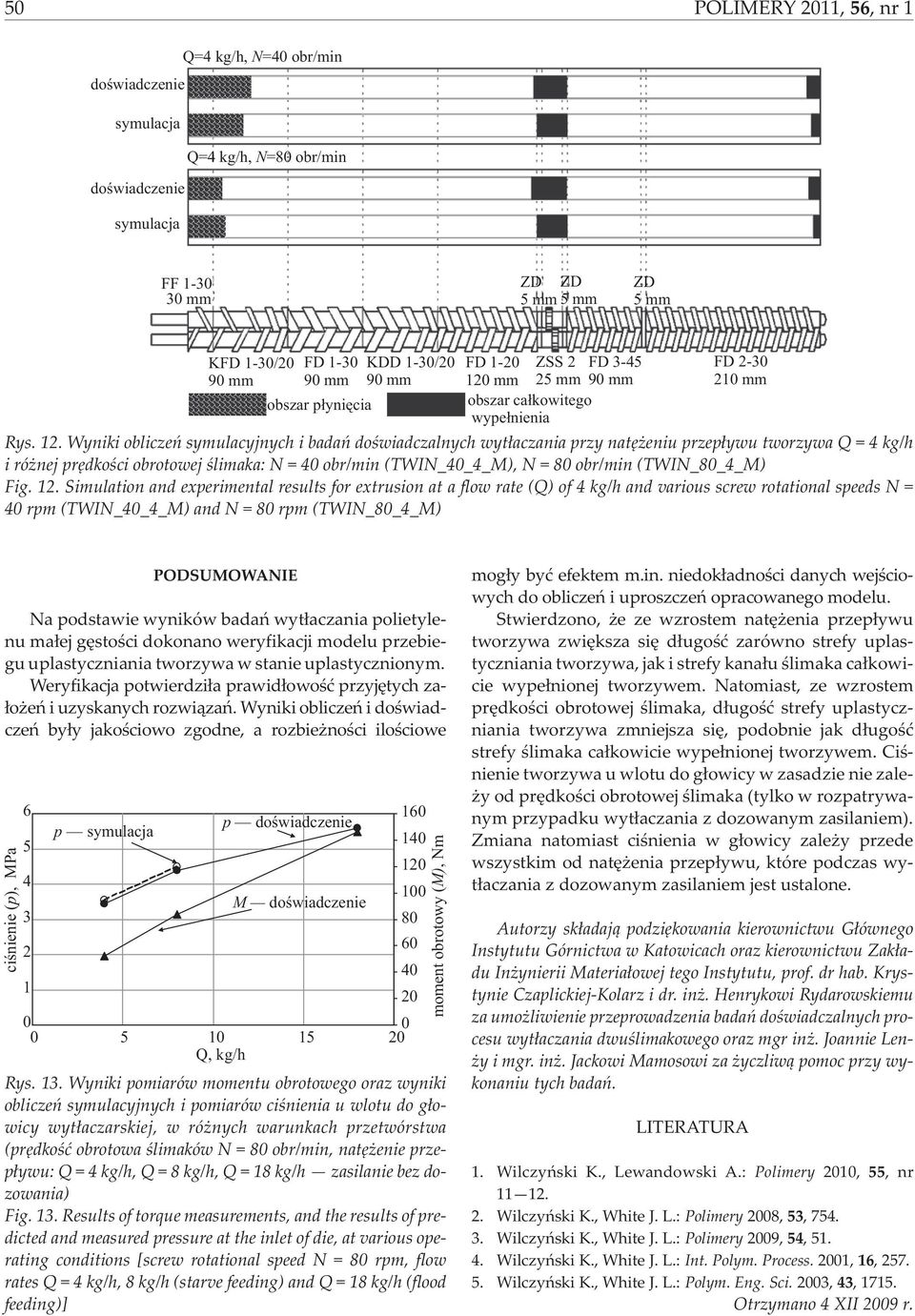 Wyniki obliczeñ symulacyjnych i badañ doœwiadczalnych wyt³aczania przy natê eniu przep³ywu tworzywa Q = 4 kg/h i ró nej prêdkoœci obrotowej œlimaka: N=40obr/min (TWIN_40_4_M), N=80obr/min