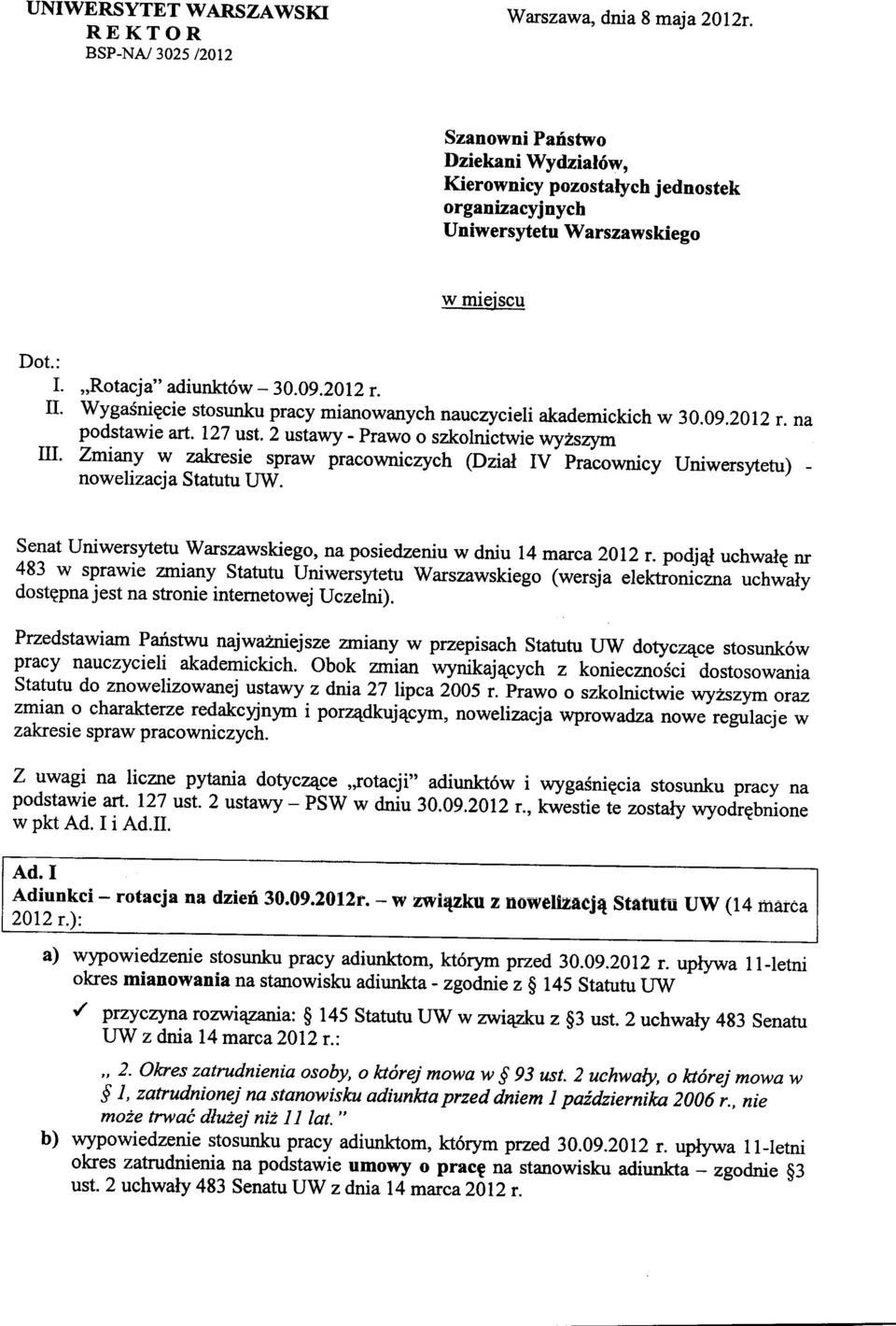 fltr' WygaSniEcie stosunku pracy mianowanych nauczycieli akademickich w 30.09.2012 r. na podstawie art. lz7 ust.