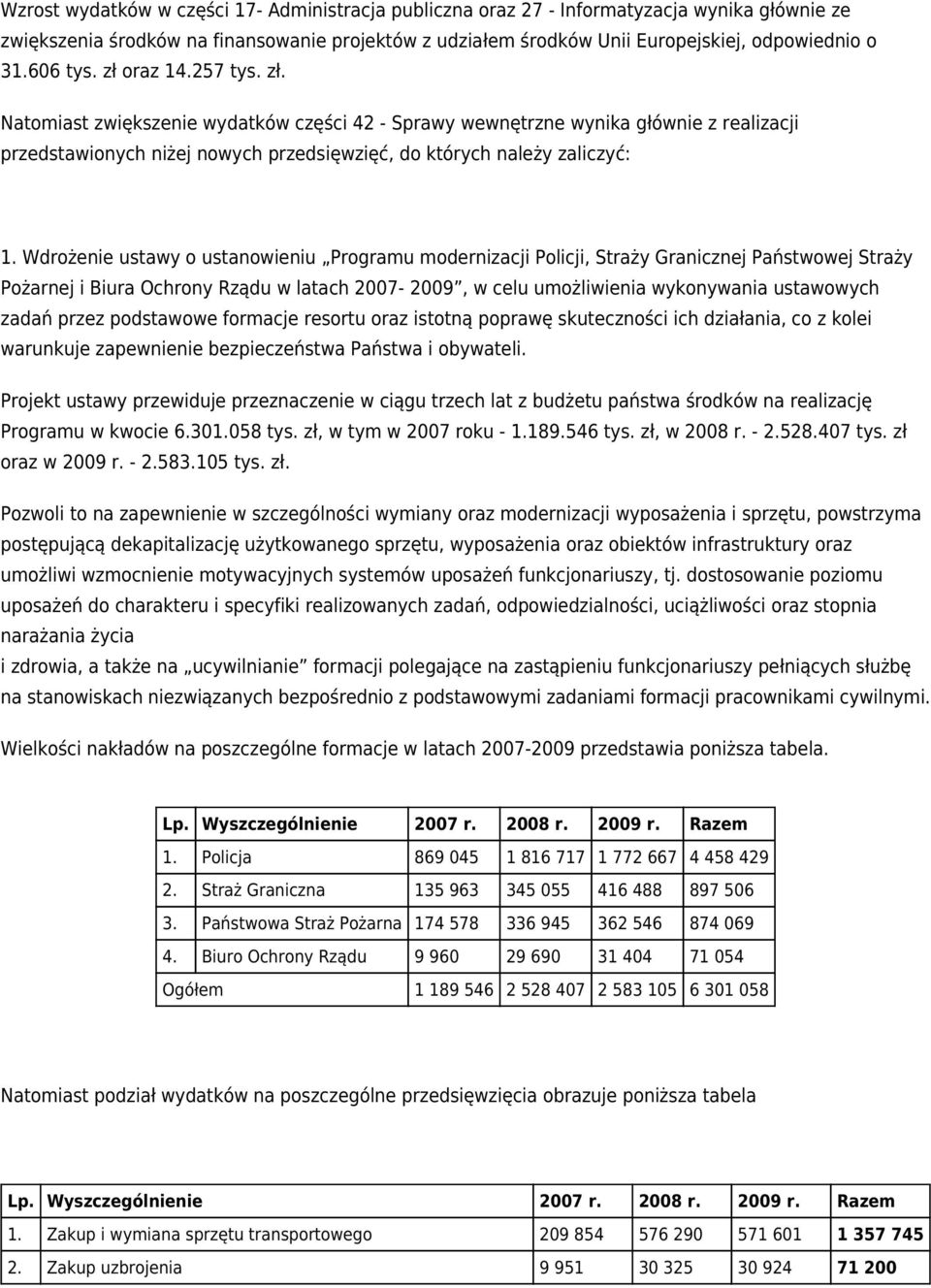 Wdrożenie ustawy o ustanowieniu Programu modernizacji Policji, Straży Granicznej Państwowej Straży Pożarnej i Biura Ochrony Rządu w latach 2007-2009, w celu umożliwienia wykonywania ustawowych zadań