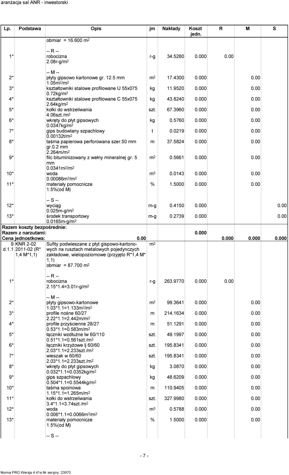 / 6* wkręty do płyt gipsowych 0.0347kg/ 7* gips budowlany szpachlowy 0.0032t/ 8* taśma papierowa perforowana szer.50 mm m 37.5824 0.000 0.00 gr.0.2 mm 2.