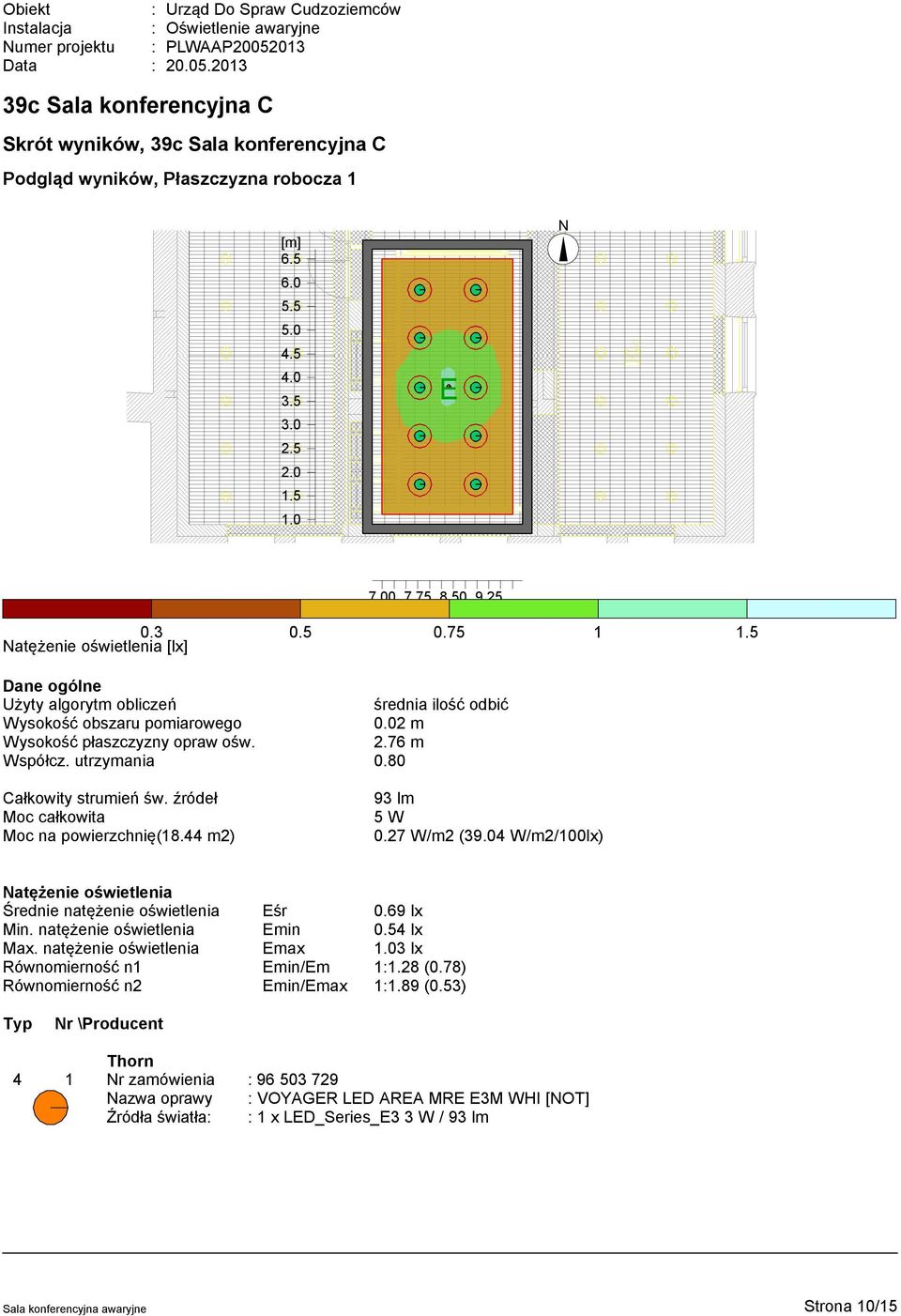 80 Całkowity strumień św. źródeł Moc całkowita Moc na powierzchnię(18.44 m2) 93 lm 5 W 0.27 W/m2 (39.04 W/m2/100lx) Natężenie oświetlenia Średnie natężenie oświetlenia Eśr 0.69 lx Min.