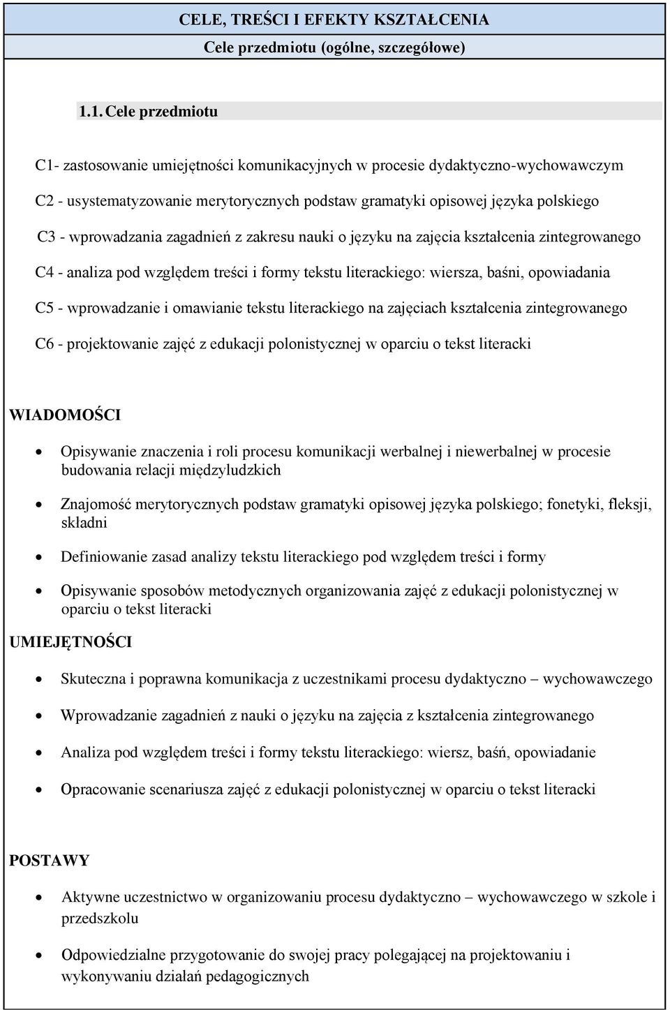 zagadnień z zakresu nauki o języku na zajęcia kształcenia zintegrowanego C4 - analiza pod względem treści i formy tekstu literackiego: wiersza, baśni, opowiadania C5 - wprowadzanie i omawianie tekstu