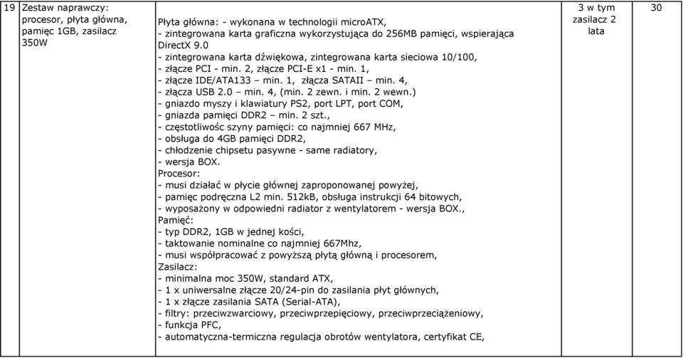 4, (min. 2 zewn. i min. 2 wewn.) - gniazdo myszy i klawiatury PS2, port LPT, port COM, - gniazda pamięci DDR2 min. 2 szt.