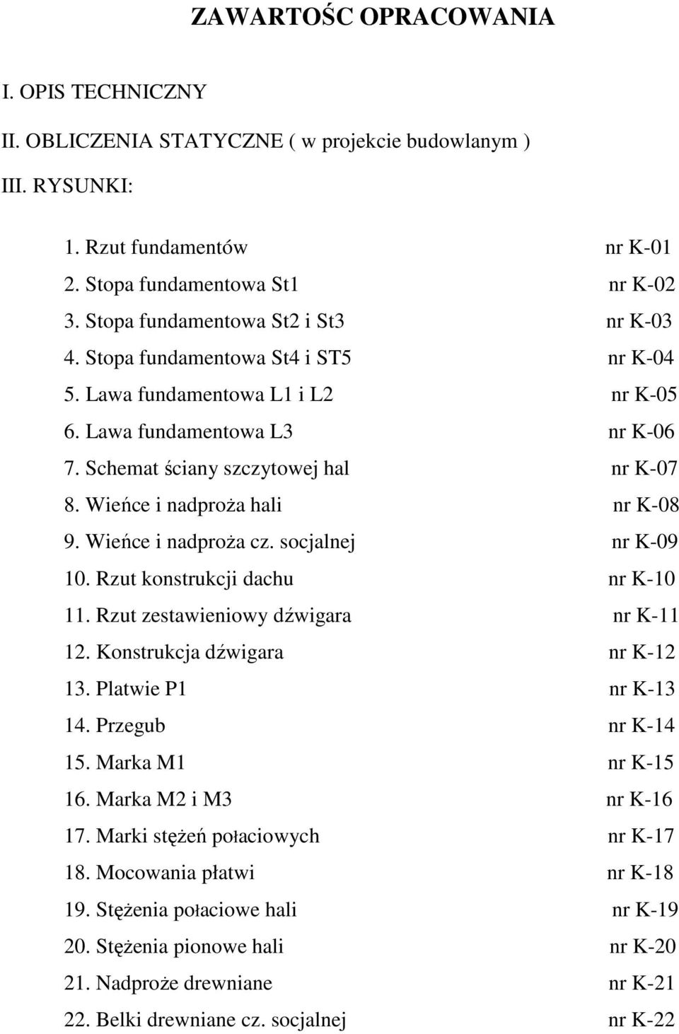 Wieńce i nadproŝa hali nr K-08 9. Wieńce i nadproŝa cz. socjalnej nr K-09 10. Rzut konstrukcji dachu nr K-10 11. Rzut zestawieniowy dźwigara nr K-11 12. Konstrukcja dźwigara nr K-12 13.