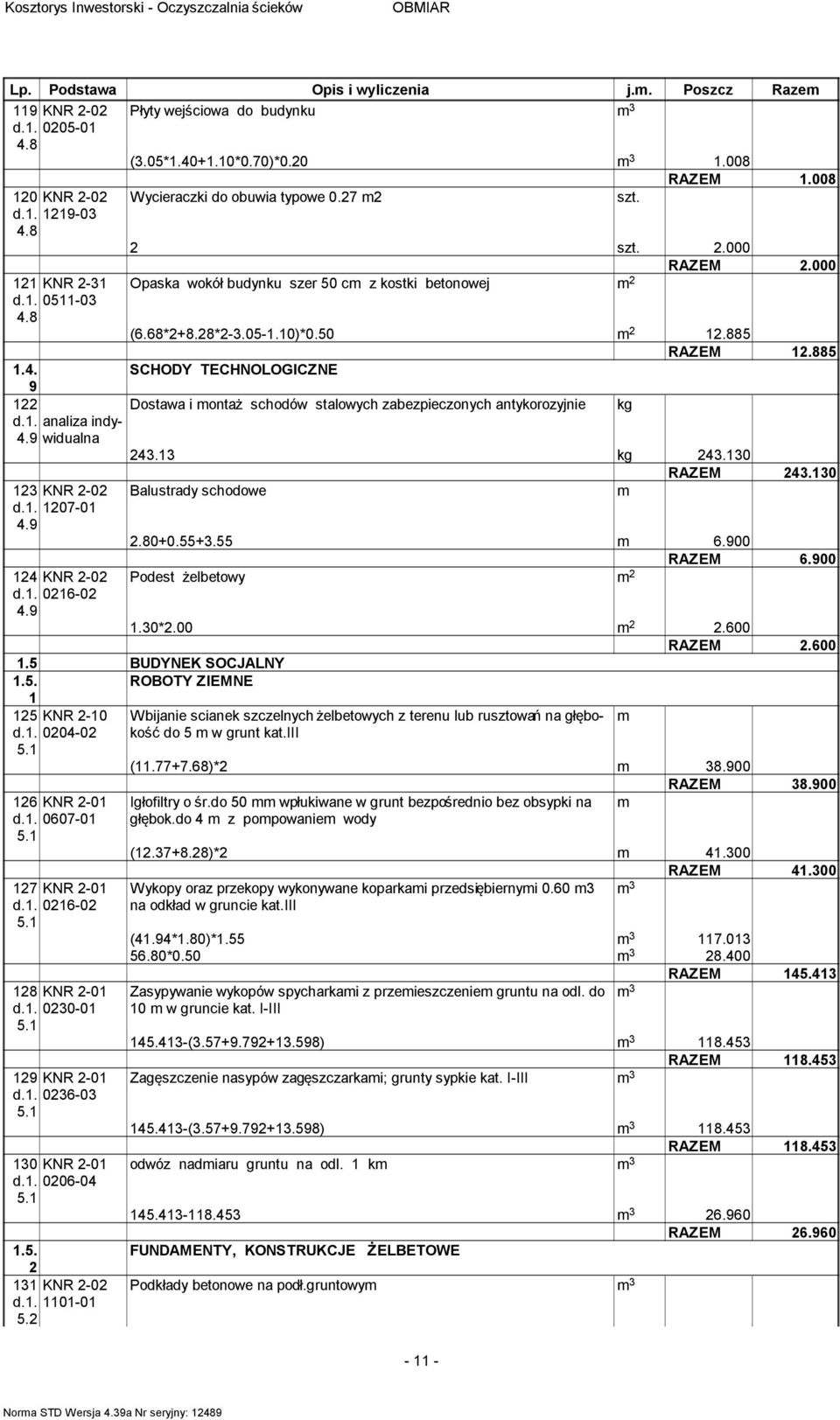 . analiza indywidualna.9. kg.0 RAZEM.0 KNR -0 Balustrady schodowe d.. 07-0.9.80+0.55+.55 6.900 RAZEM 6.900 KNR -0 Podest żelbetowy d.. 06-0.9.0*.00.600 RAZEM.600.5 BUDYNEK SOCJALNY.5. ROBOTY ZIEMNE 5 KNR -0 d.