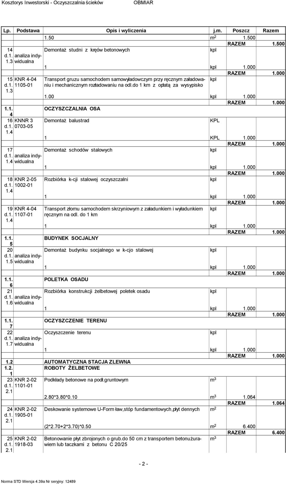 000 kpl 7 Deontaż schodów stalowych d.. analiza indywidualna. 8 KNR -05 d.. 00-0. 9 KNR -0 d.. 07-0... 5 0 d.. analiza indywidualna.5.. 6 d.. analiza indywidualna.6.. 7 d.. analiza indywidualna.7 kpl.